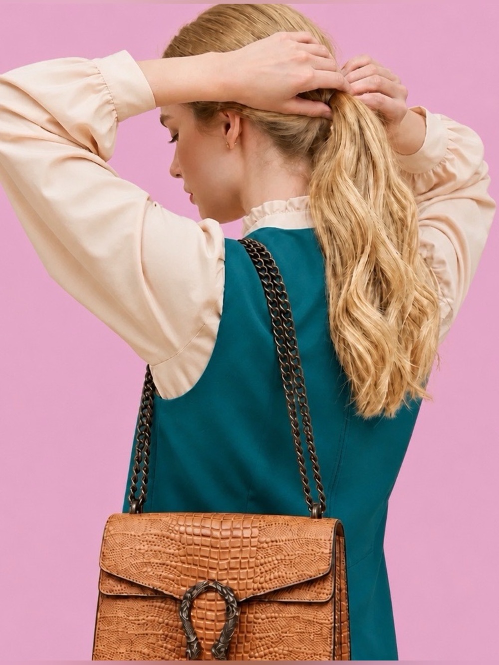 Tan Vegan PU leather Croc-Embossed purse with shoulder strap/adjustable chain